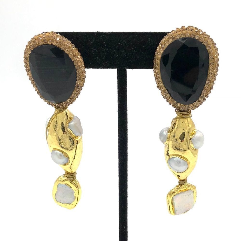 💝Dangle Earrings w/ simulated Onyx&Motherof Pearl - Picture 2 of 3